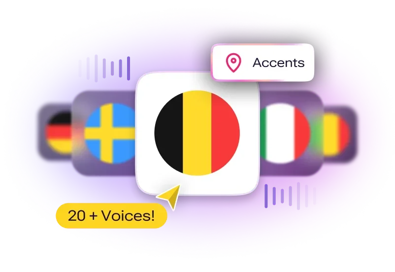 Murf AI feature-deep-dive showing selectable country flags representing different accents and a '20+ Voices!' banner on a glowing purple interface.