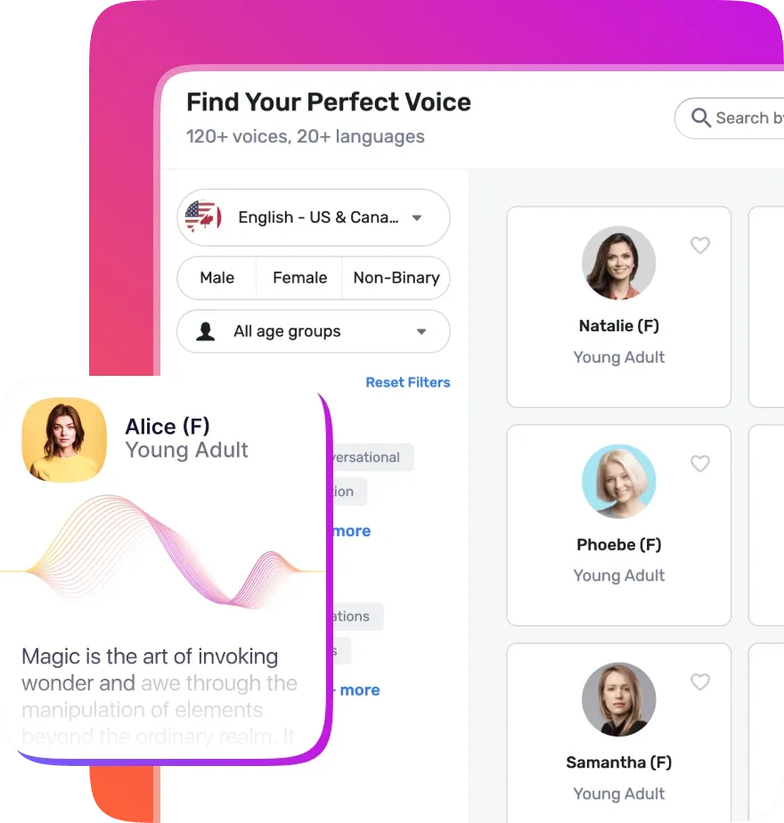 Murf AI workspace showing voice selection filters and a preview of the 'Alice' female voice with an audio waveform.