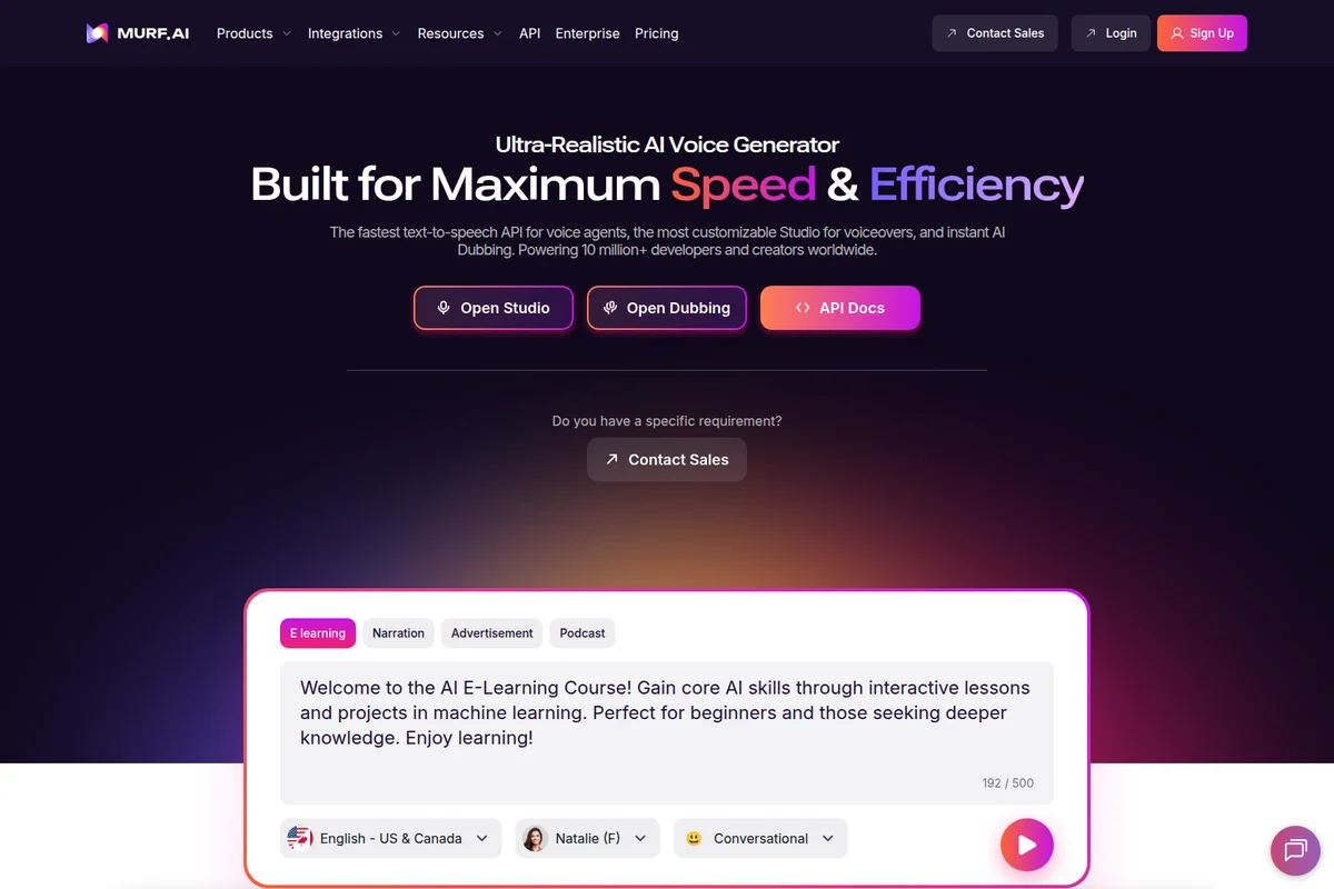 Murf.AI AI Voice Generator homepage showing text-to-speech editor with E-learning content, voice selection, and a modern dark UI.