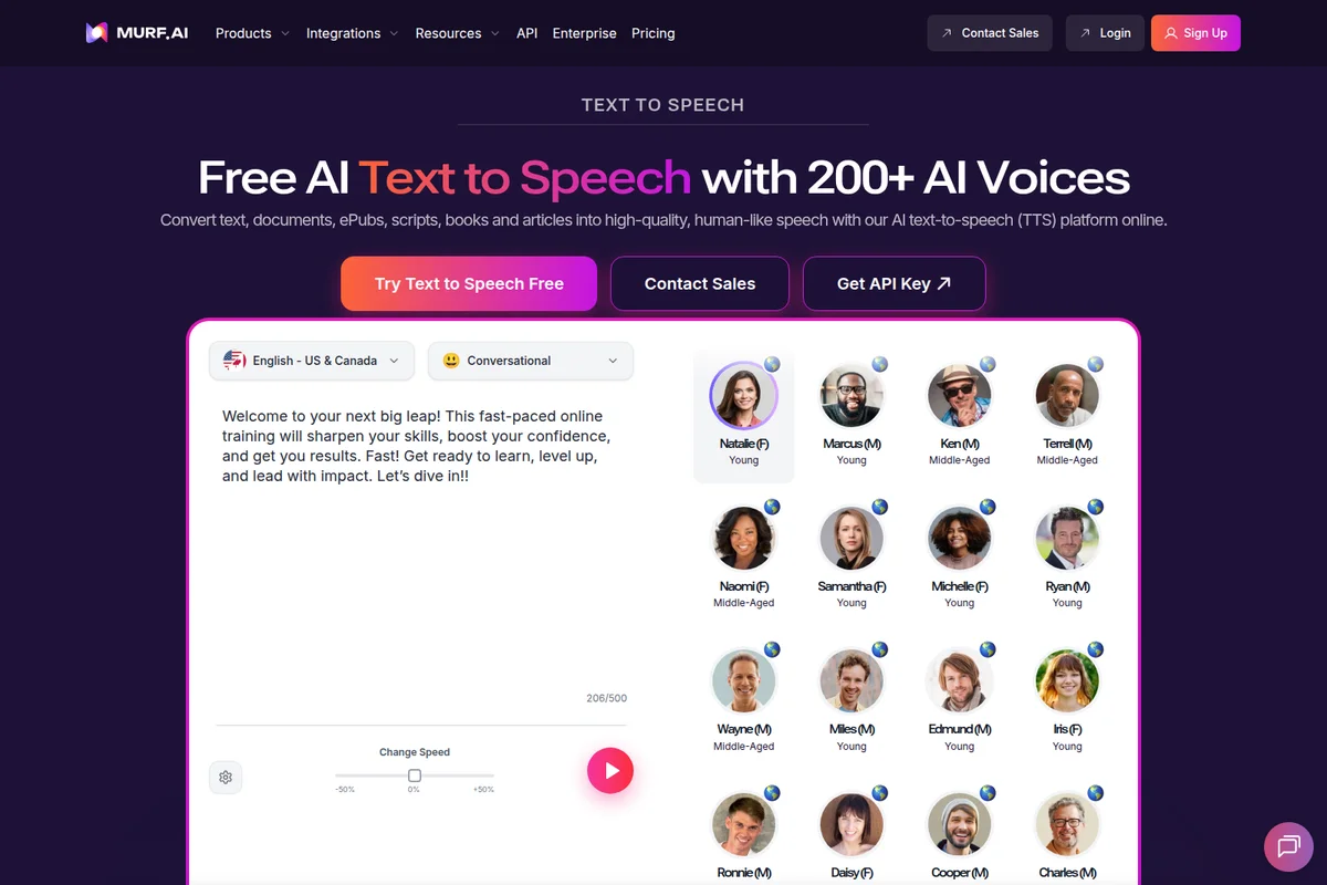 Murf.ai text-to-speech workspace displaying the text input area and a grid of over 200 AI voice options, set against a modern dark interface.
