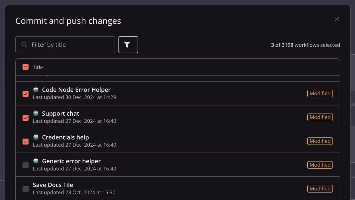n8n commit changes modal showing selected workflows for push in a dark-mode interface with a filter bar.