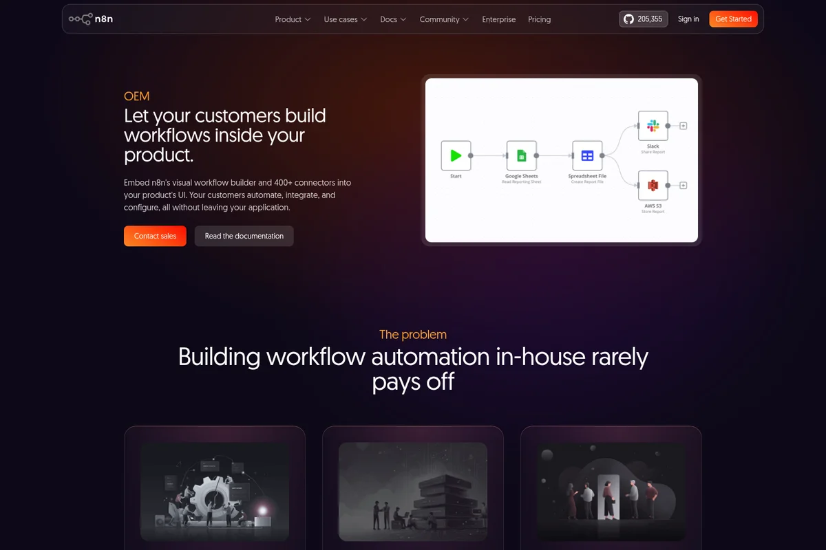 n8n OEM landing page showing a visual workflow builder connecting services like Google Sheets, Slack, and AWS S3 with a dark-themed modern interface.