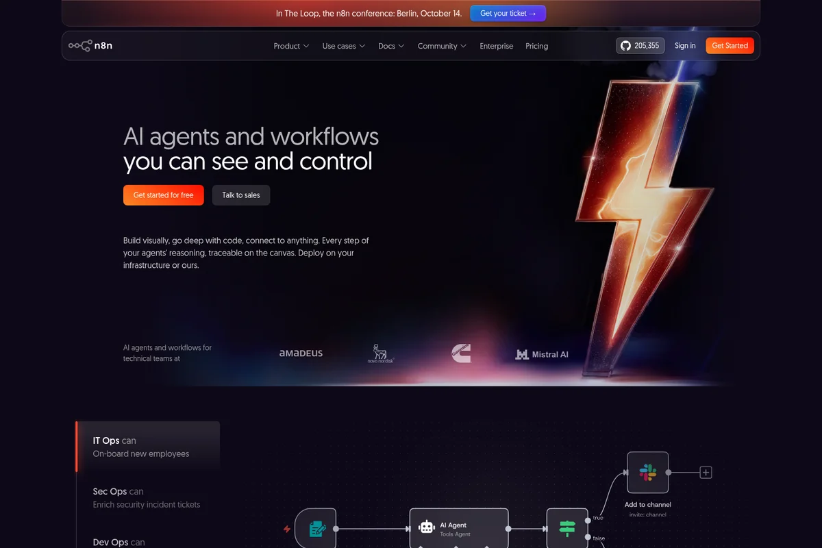 n8n homepage hero presenting AI agents and workflows with a striking lightning bolt graphic on a dark-mode interface.