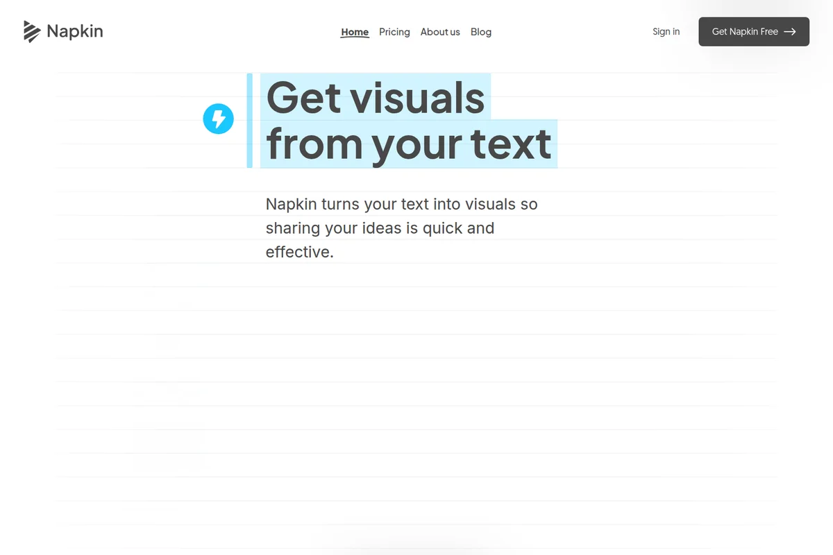 Napkin AI homepage hero showcasing the ability to get visuals from text with a clean, light UI design.