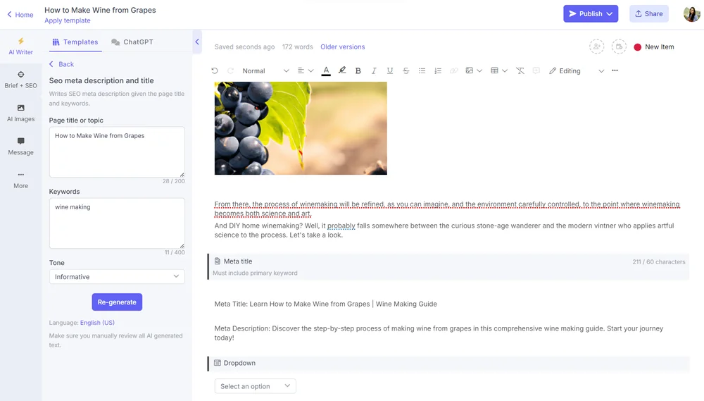 Narrato AI Writer workspace showing SEO meta description and title generation with input fields and AI-generated output.