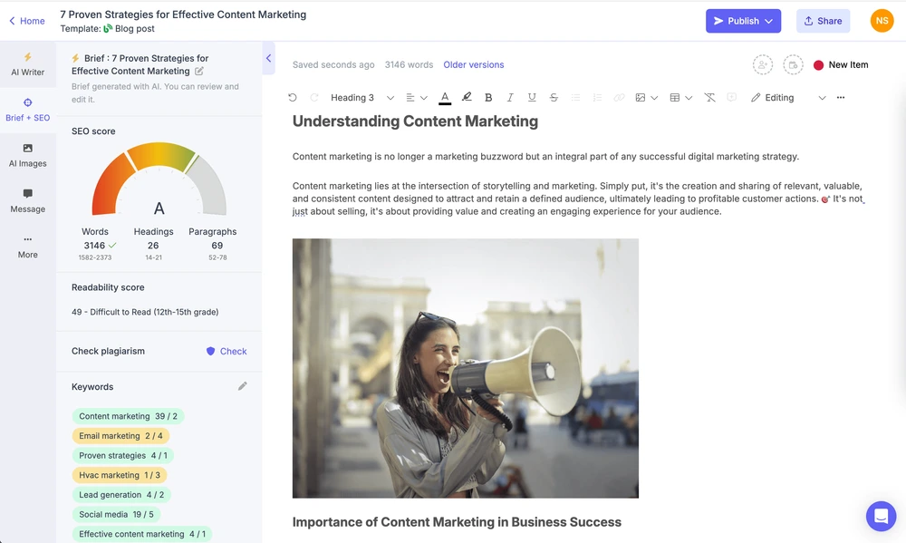 Narrato AI content editor showing SEO score, keyword optimization, and blog post writing in a clean interface