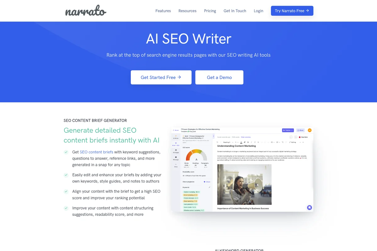 Narrato AI SEO Writer feature page showing content brief generation with SEO scoring and keyword suggestions in a clean light theme.