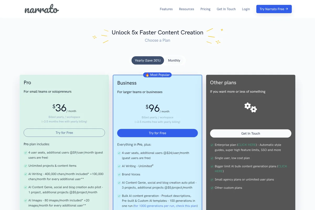 Narrato pricing page displaying Pro and Business plans with feature details and subscription options.