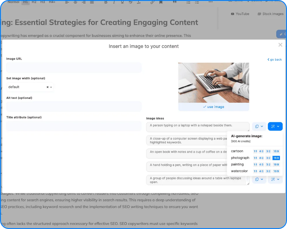 NeuronWriter's image insertion modal demonstrating AI image generation with style and aspect ratio controls in a modern interface.