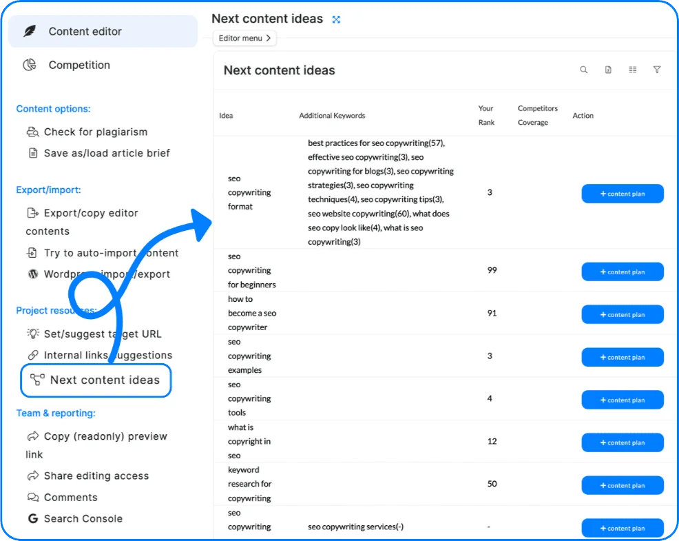 Neuronwriter next content ideas panel displaying suggested content topics, additional keywords, and options to add to a content plan.