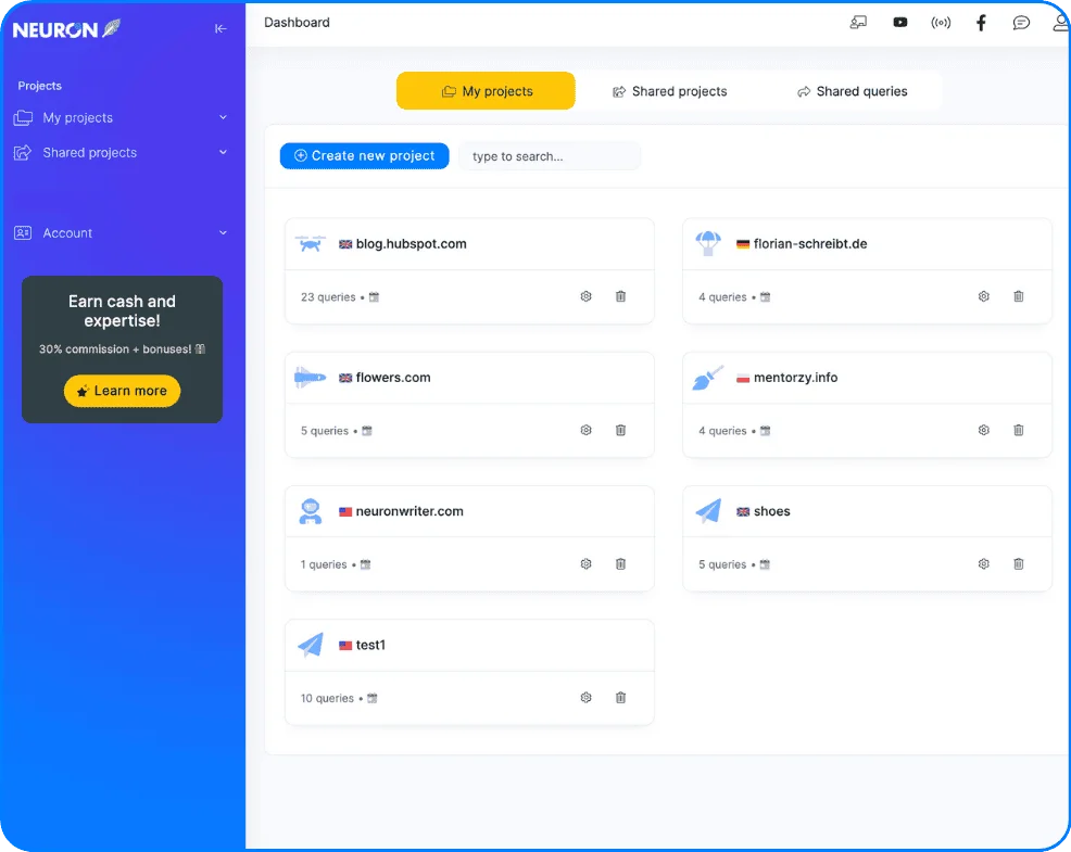 Neuronwriter dashboard showing a list of content projects, each with query counts, in a clean and modern interface.