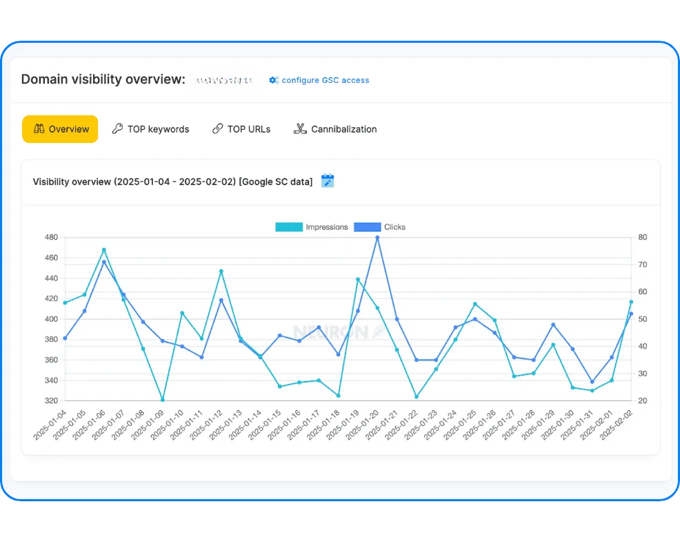 Neuronwriter workspace showing domain visibility overview with a line graph of impressions and clicks data in a clean, analytical interface.