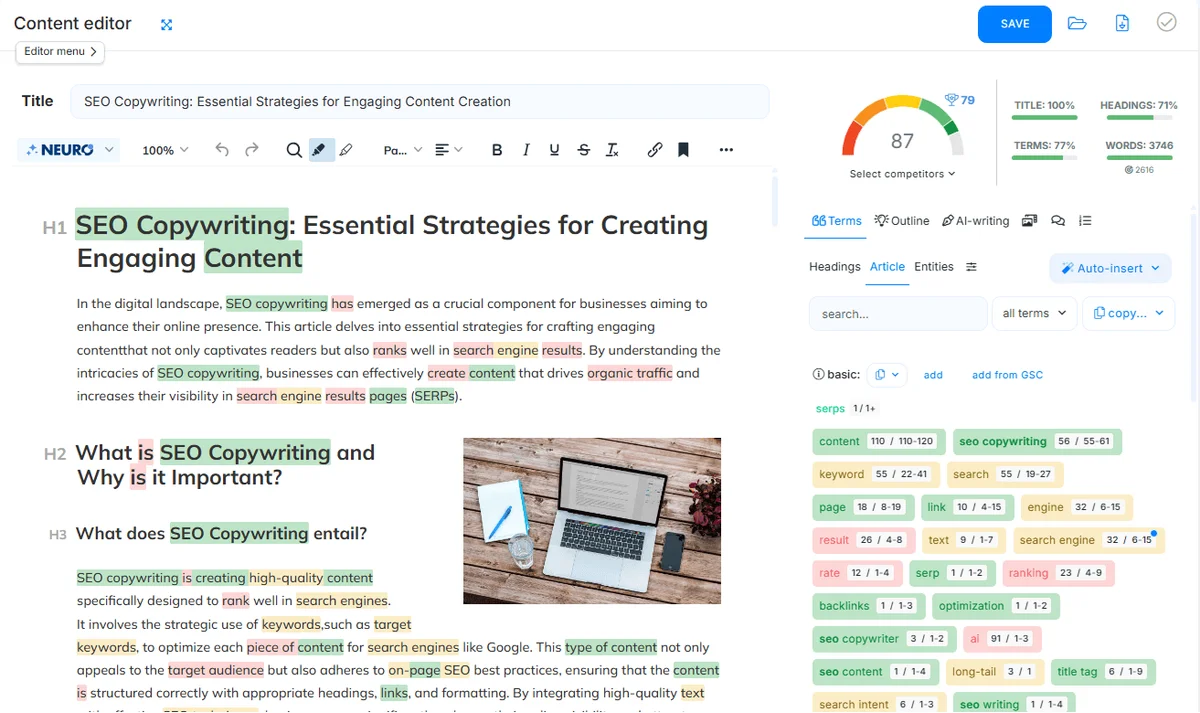Neuronwriter content editor workspace showing SEO content optimization with real-time term suggestions in a clean light-theme interface.