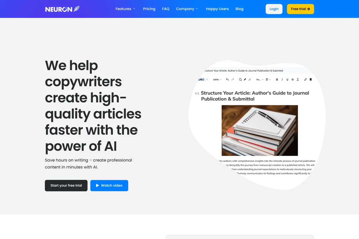 Neuronwriter landing page featuring AI-powered article creation in a clean, modern editor UI with text and image content.