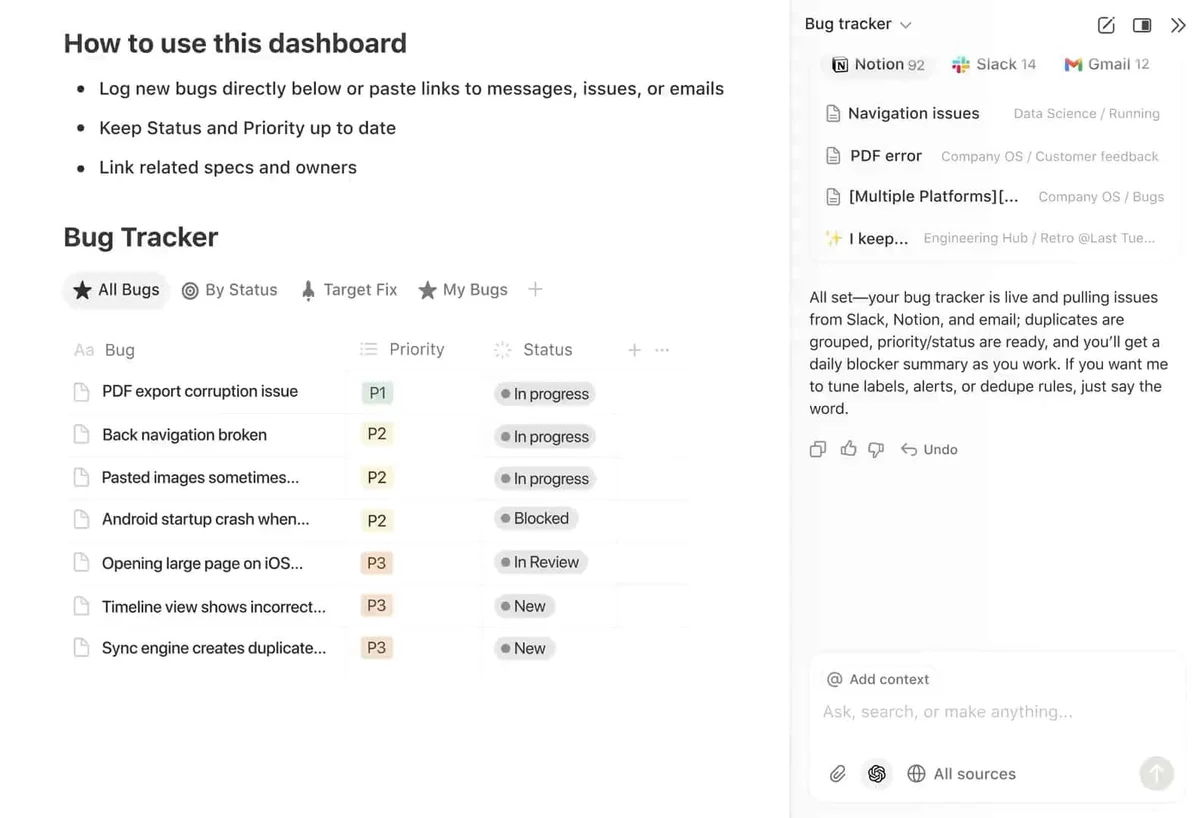 Notion AI bug tracker workspace showing an AI-generated summary of issues from multiple sources with a clean, organized interface.