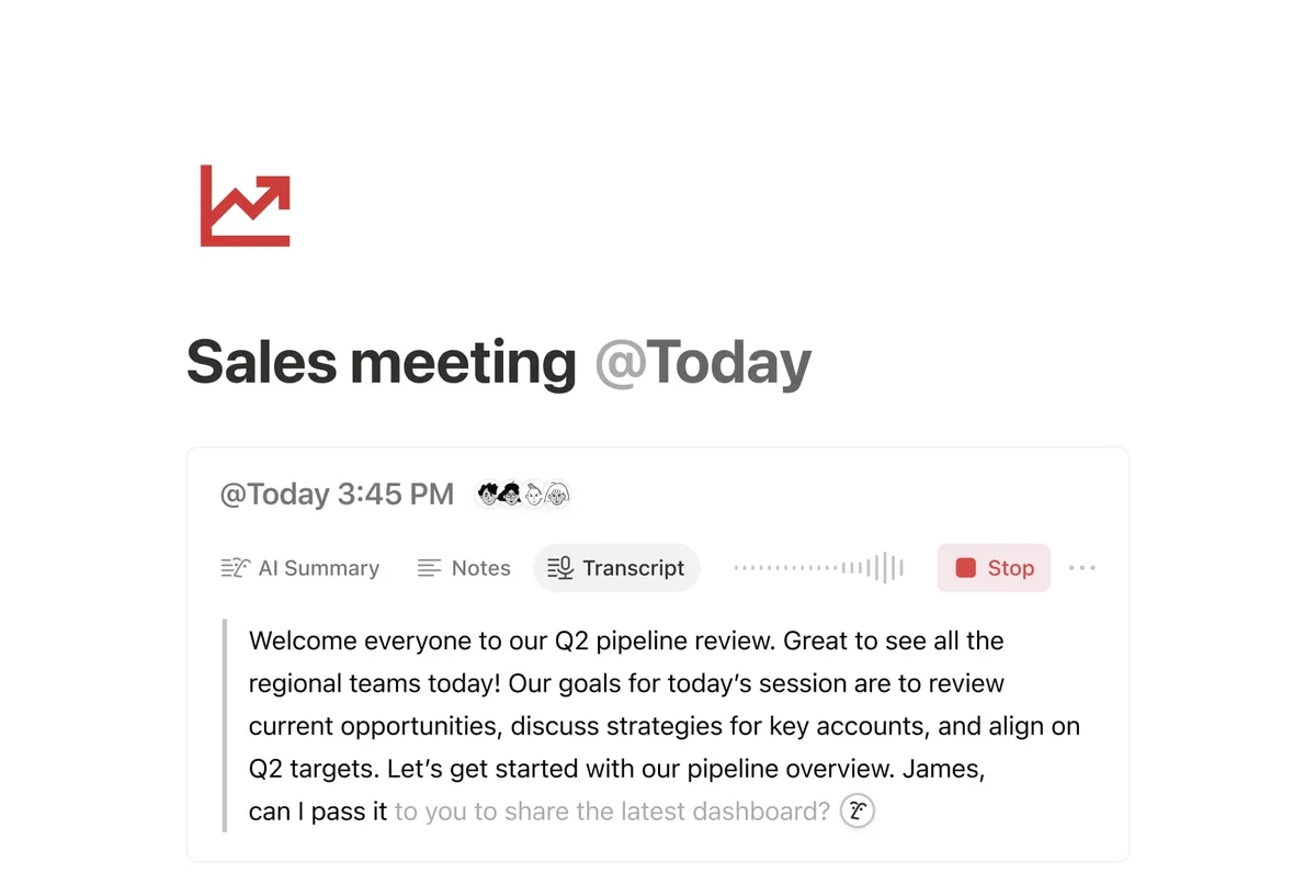Notion AI workspace displaying an AI-generated transcript of a sales meeting with an active audio waveform.