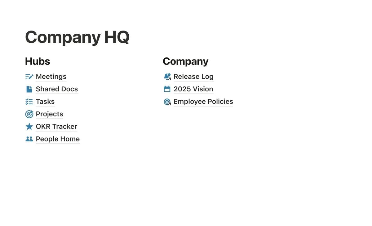 Notion AI workspace displaying a Company HQ page, organizing links to team hubs and company policies with a minimalist interface.