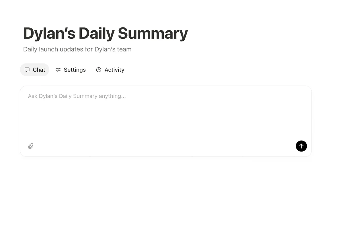 Notion AI workspace showing an interactive chat for 'Dylan's Daily Summary' with a clean, minimalist UI.