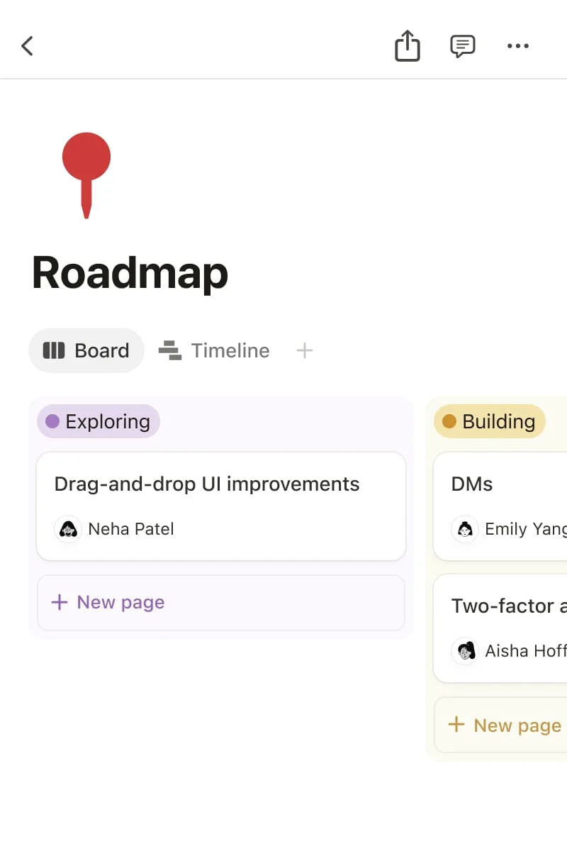 Notion-AI workspace showing a product roadmap in a board view with tasks like 'Drag-and-drop UI improvements' assigned to 'Neha Patel' on a clean white interface.