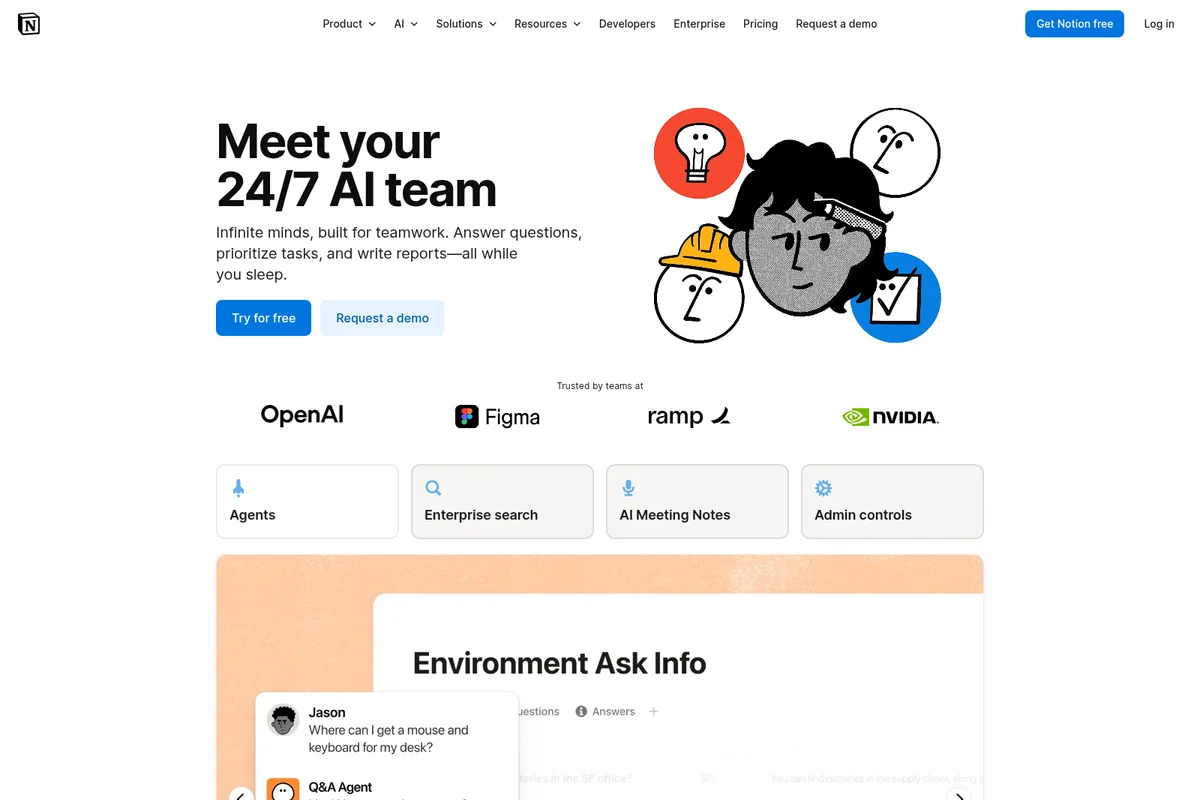 Notion AI landing page showing a 24/7 AI team concept graphic and an embedded AI chat interface demonstrating a Q&A agent.