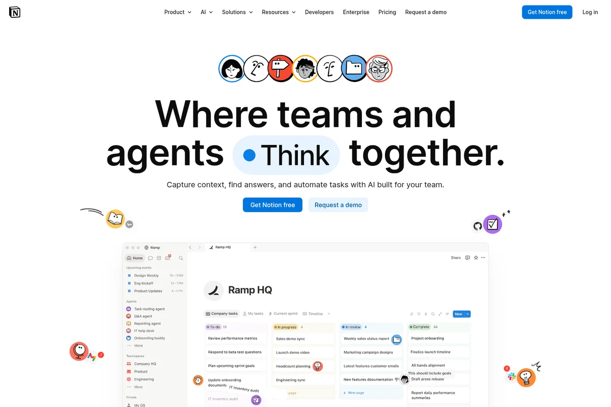 Notion AI homepage showcasing a collaborative workspace with task management boards and AI integration for teams in a clean, modern interface.