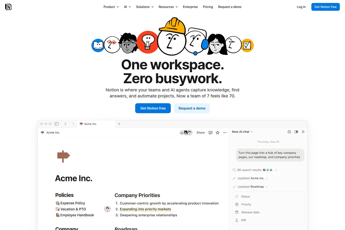 Notion AI workspace and hero section, displaying a company page with an AI chat assistant in a clean, modern interface.