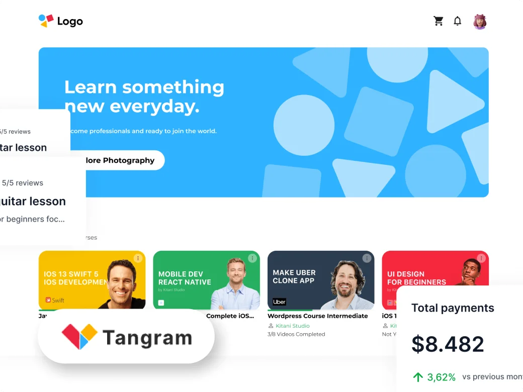 Tangram learning platform workspace showing a hero banner, featured online courses, and user payment summary with a modern light theme.