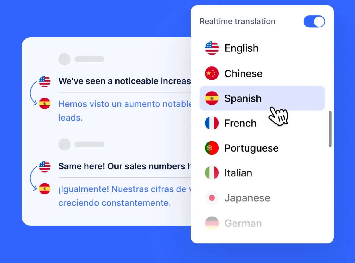 Notta workspace showing real-time translation of chat messages from English to Spanish in a clean light-mode interface.