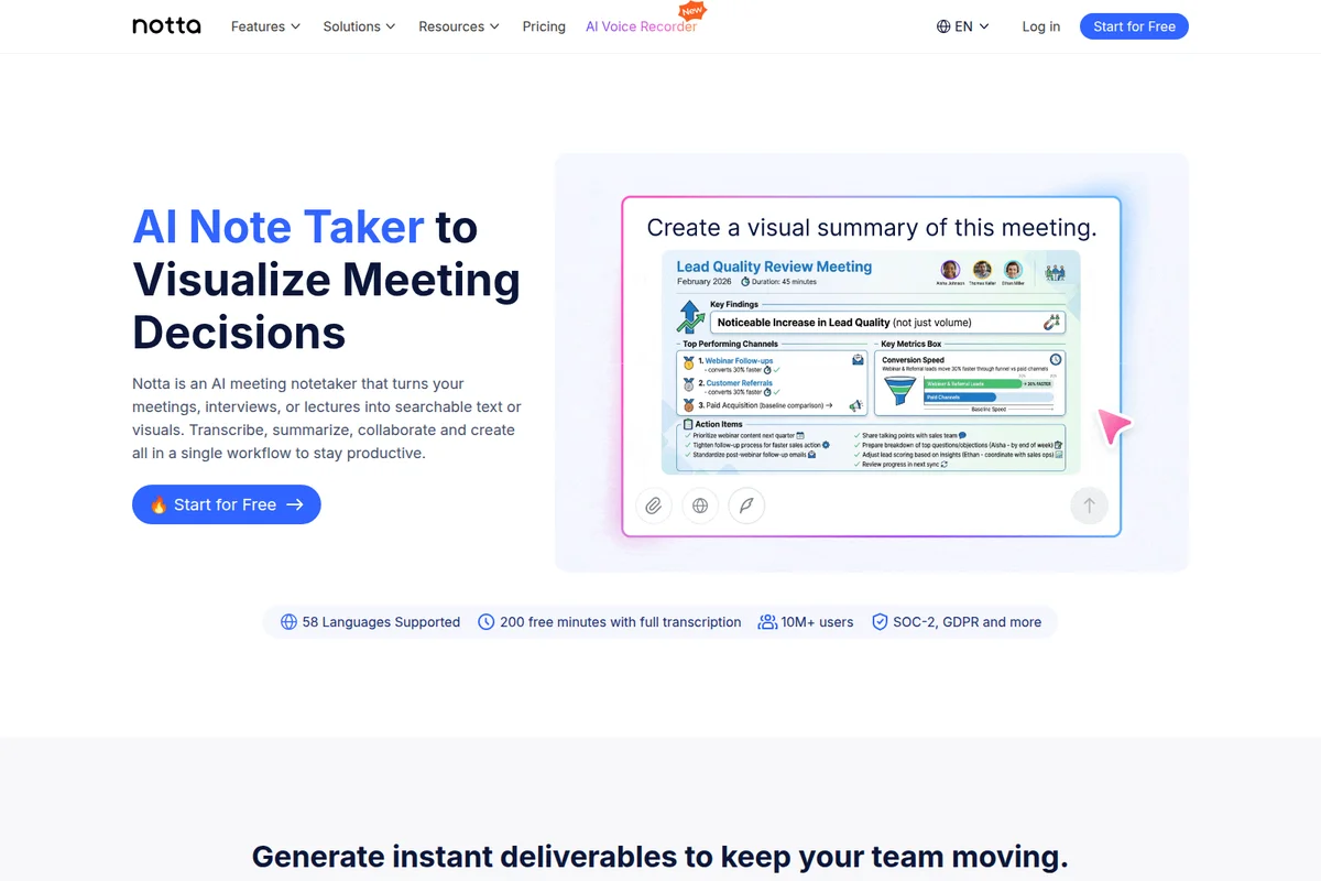 Notta landing page hero displaying an AI-generated visual summary of a 'Lead Quality Review Meeting' with key findings and action items in a modern, organized interface.