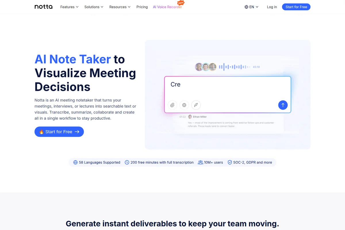 Notta workspace UI showing AI meeting notetaker with live transcription and collaborative input in a clean, modern interface.