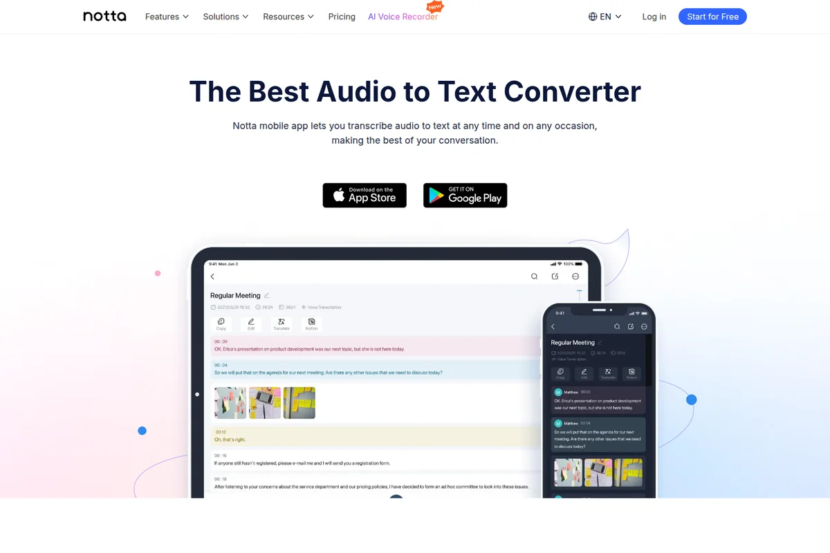 Notta mobile app workspace showing audio to text transcription of a meeting on a tablet and a smartphone with light and dark themes.
