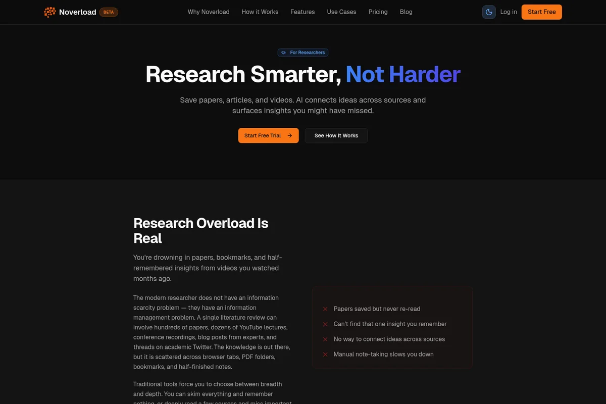 Noverload landing page explaining AI-powered smart research with a modern dark-mode interface.