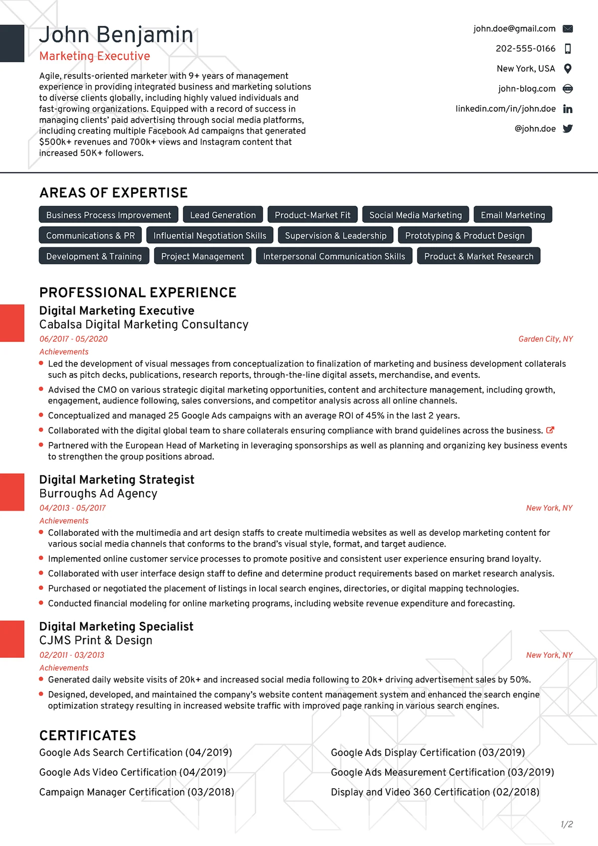 Novoresume output sample showing a professional marketing executive resume with a clean, modern template and red accent bar.