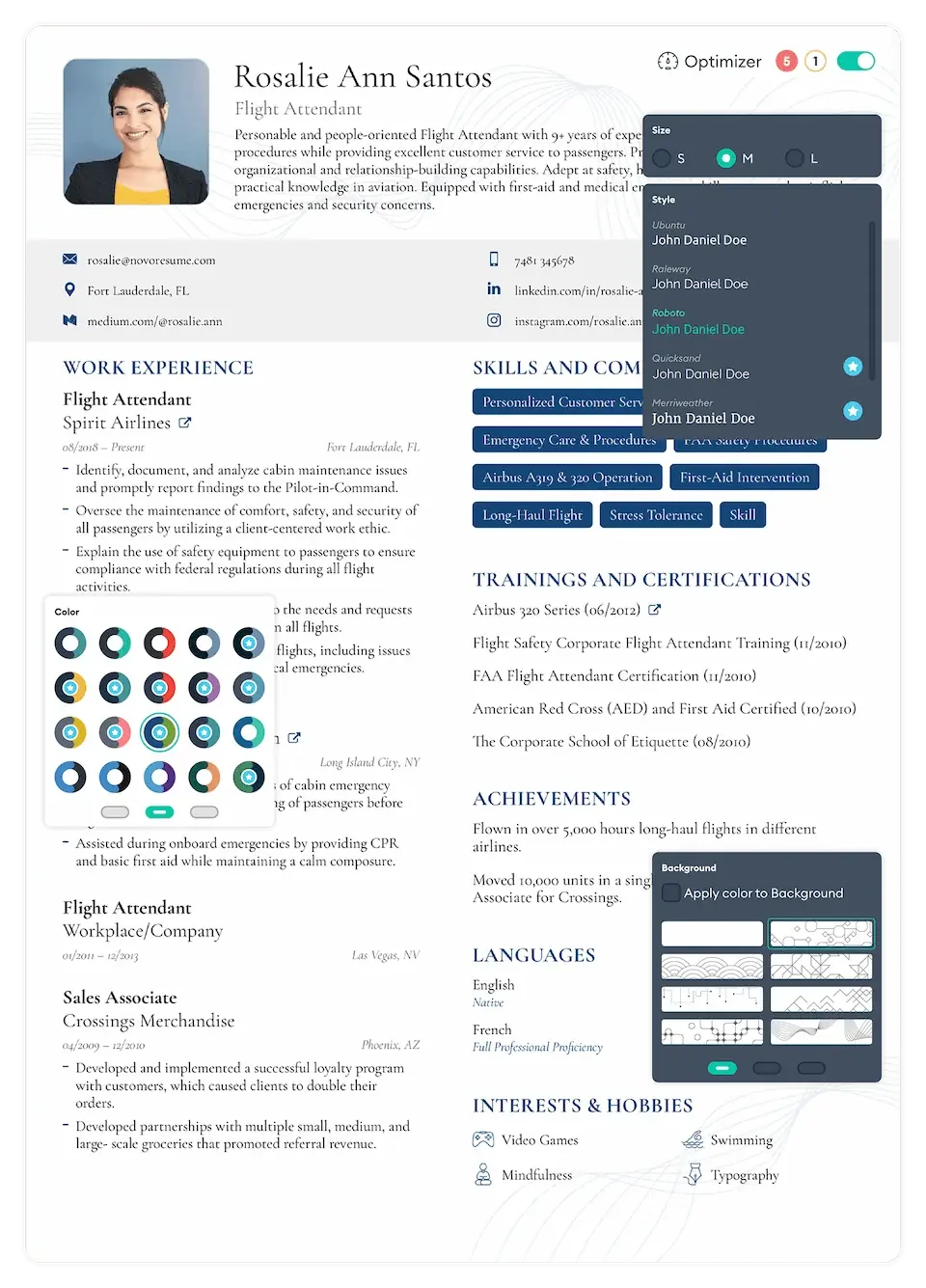 Novoresume resume builder workspace showing customization panels for font style, color, and background with a clean, modern interface.