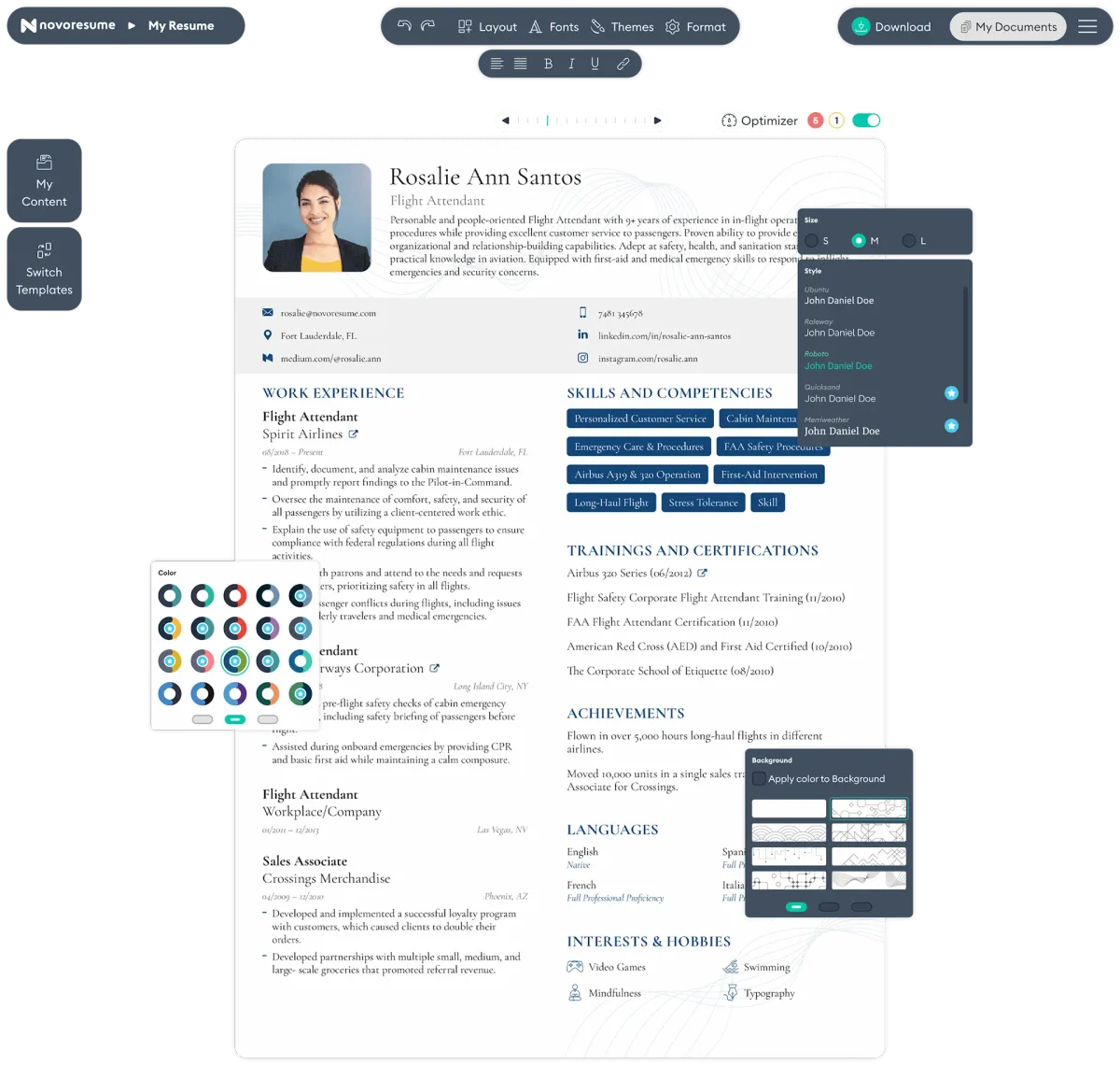Novoresume workspace showing a resume being edited with multiple customization panels and a dark theme.