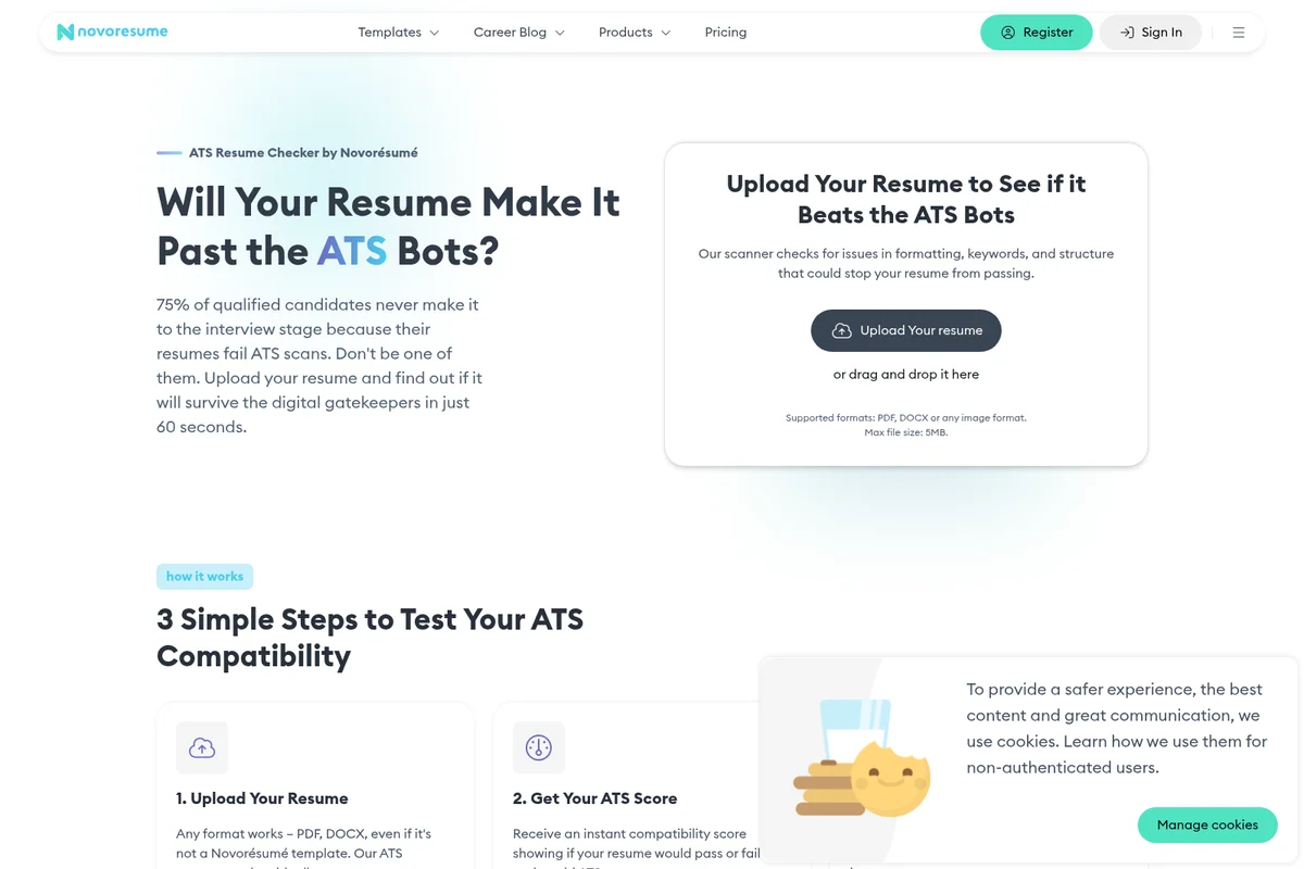 Novoresume ATS Resume Checker showing the resume upload interface with a clean light-theme design.
