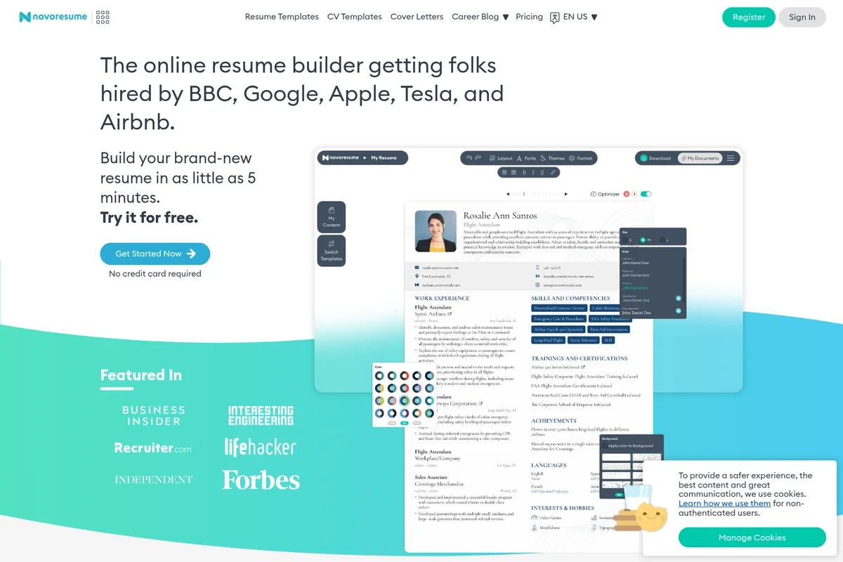 Novoresume homepage showcasing the online resume builder workspace with a modern, clean interface and a detailed resume preview.