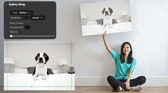 ON1 Resize AI 2026 'Gallery Wrap' feature showing dark-mode UI for image preparation and a woman holding a canvas print.