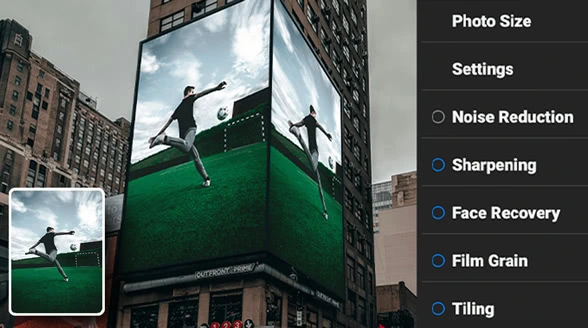 on1-resize-ai-2026 workspace UI showing image enhancement options with a large billboard image preview.