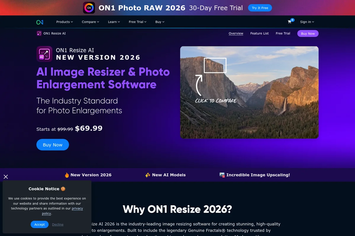 ON1 Resize AI 2026 landing page showing AI image resizing with a before/after Yosemite landscape comparison in a modern dark-mode interface.