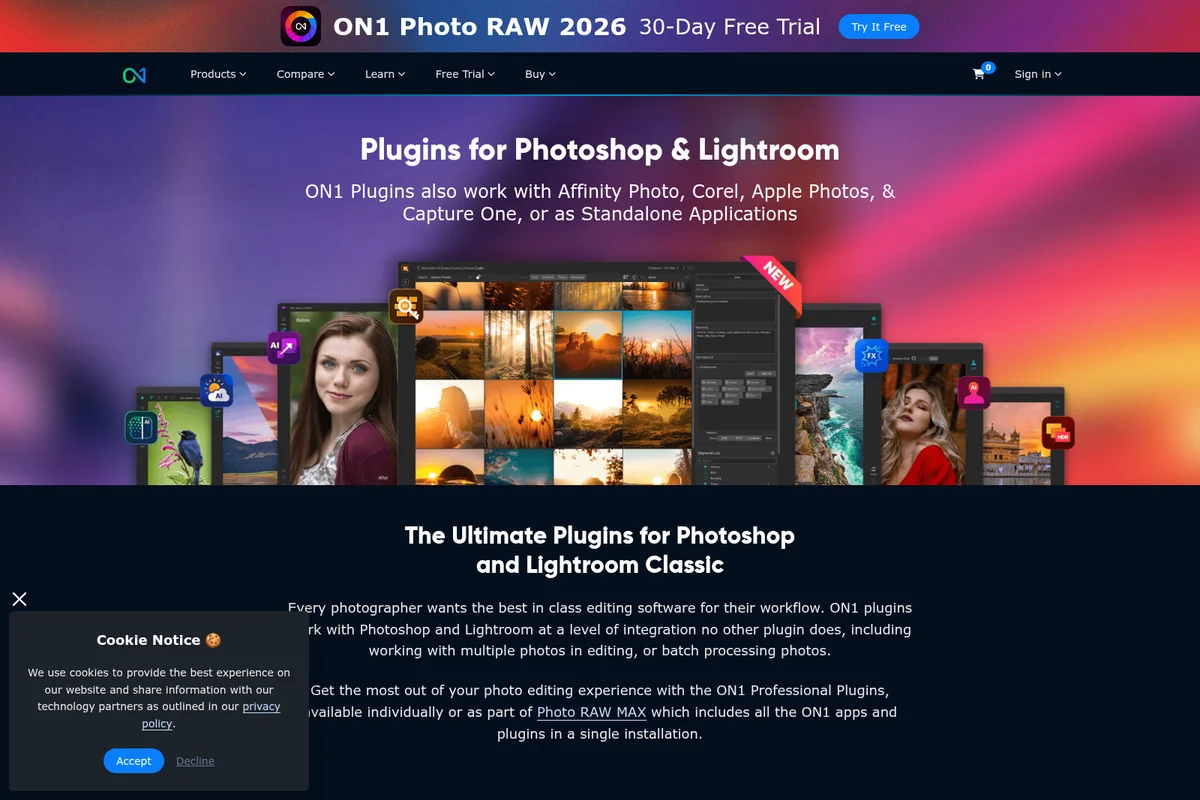 ON1 Photo RAW 2026 plugins showcasing layered photo editing interfaces and image management with a dark theme.
