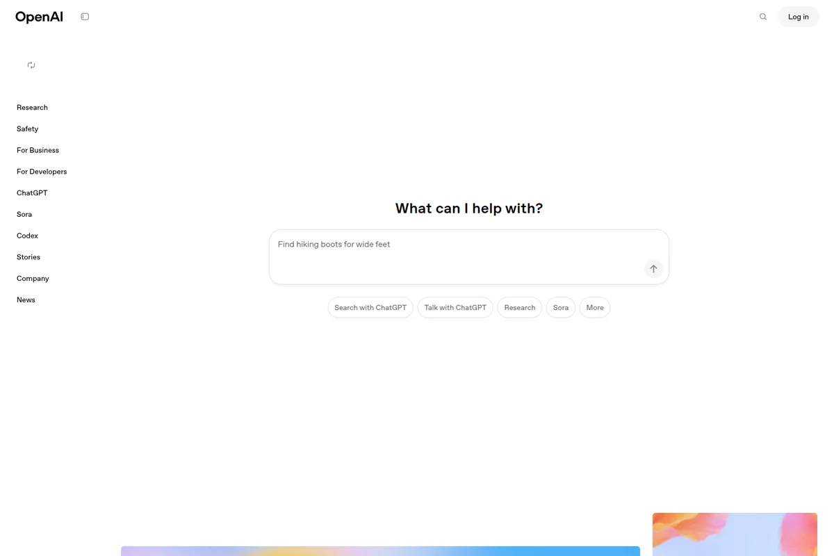 OpenAI homepage showing a central search input field with a suggested query 'Find hiking boots for wide feet' and various action buttons like 'Search with ChatGPT' in a clean, light-themed interface.