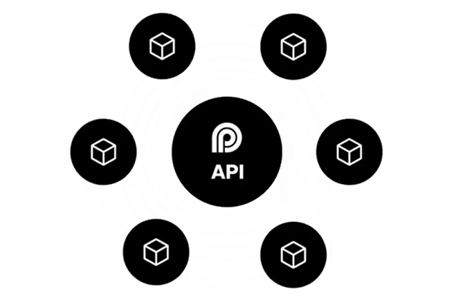 Opusclip API integration diagram showing a central API connected to multiple modules with a minimalist dark theme.