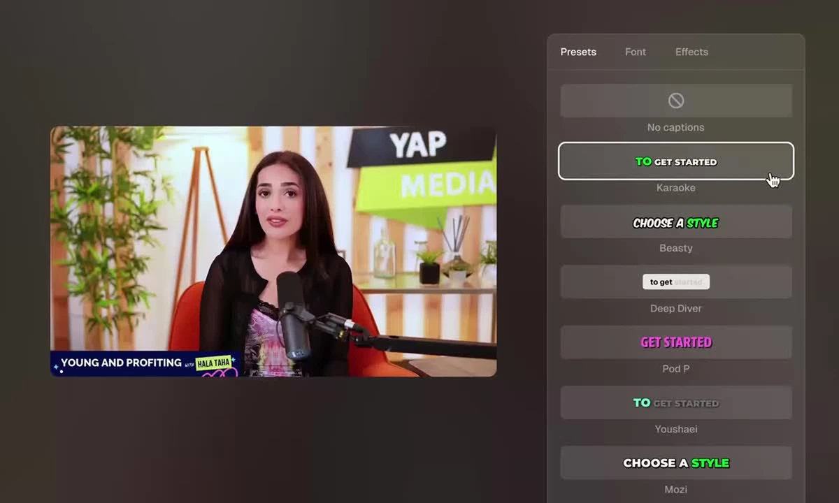 OpusClip workspace showing video caption style presets with a dark-themed interface and a mouse cursor hovering over an option.