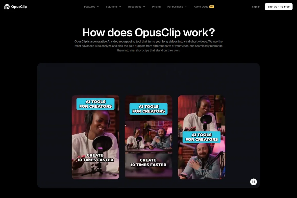 OpusClip explains AI tools for creators to repurpose long videos into viral shorts, featuring an engaging dark-themed interface.