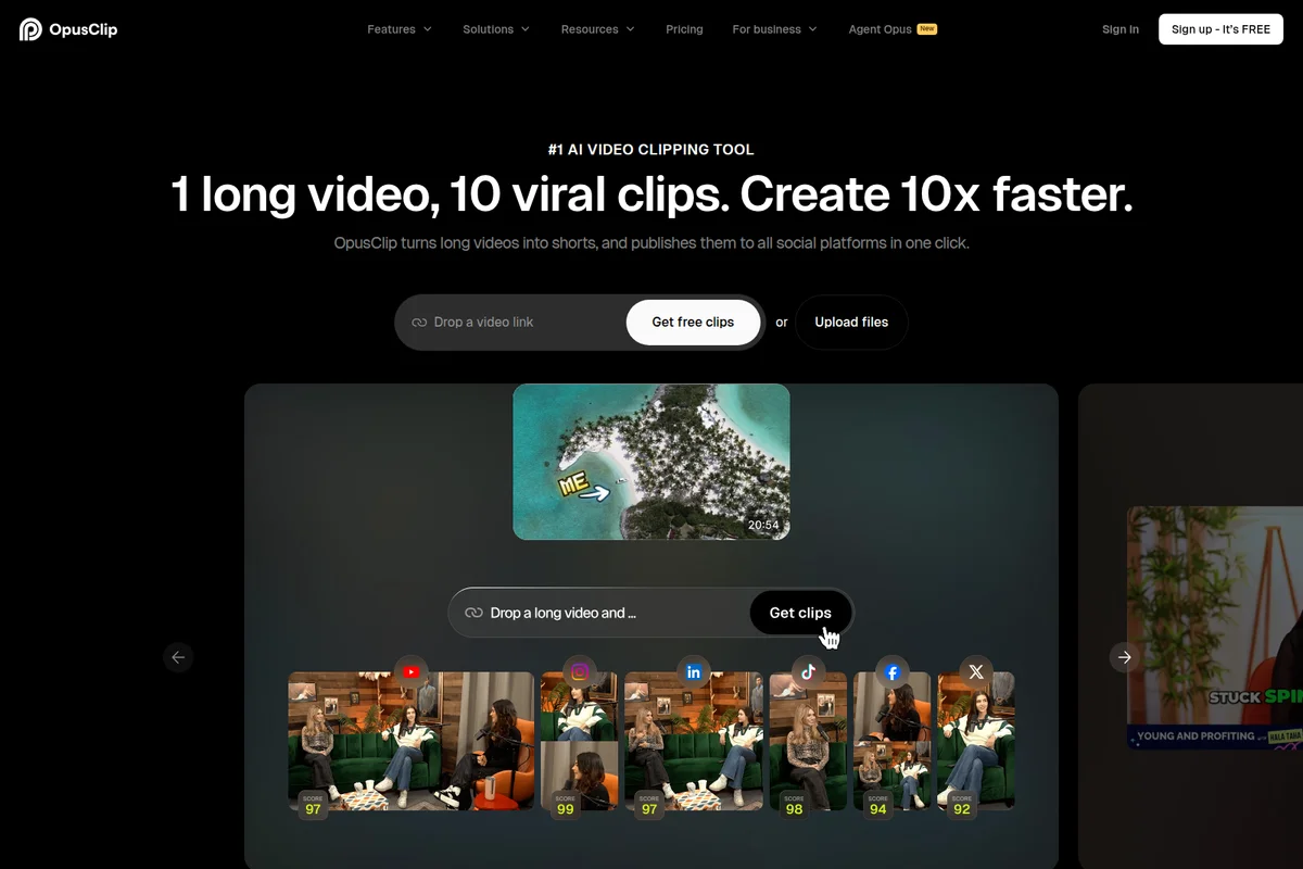 OpusClip AI video clipping workspace showing input for long videos and generated viral shorts with a dark-mode interface.