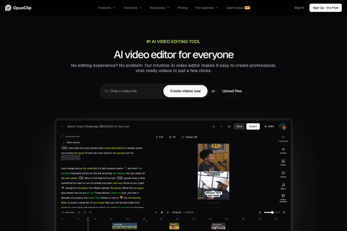 OpusClip AI video editor showing transcript-based editing, video previews, and timeline in a dark mode interface.