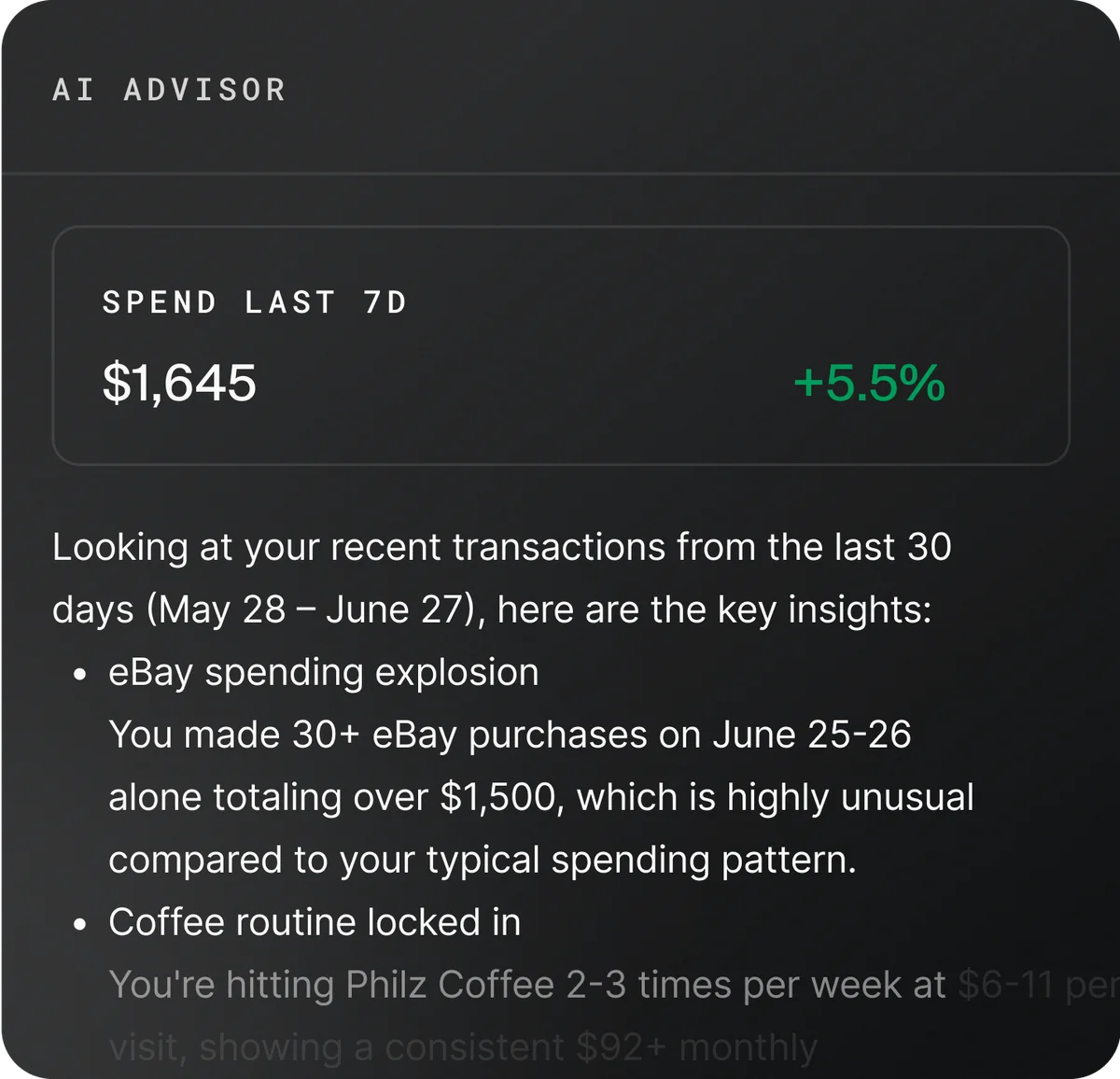 Origin AI Advisor dashboard showing personalized spending insights with a dark-mode interface