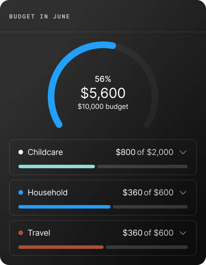 Origin budget tracking dashboard showing monthly spending overview and individual category breakdowns in a dark mode sleek aesthetic.