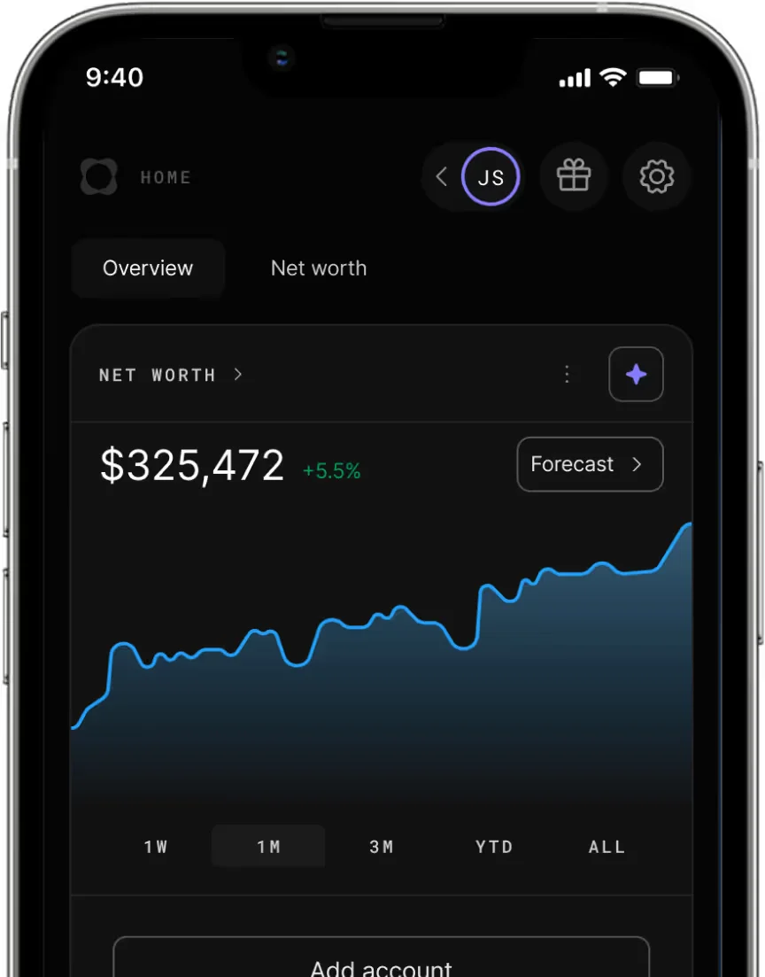 Origin financial tracking app showing net worth trends with an interactive line graph in a dark-mode interface.
